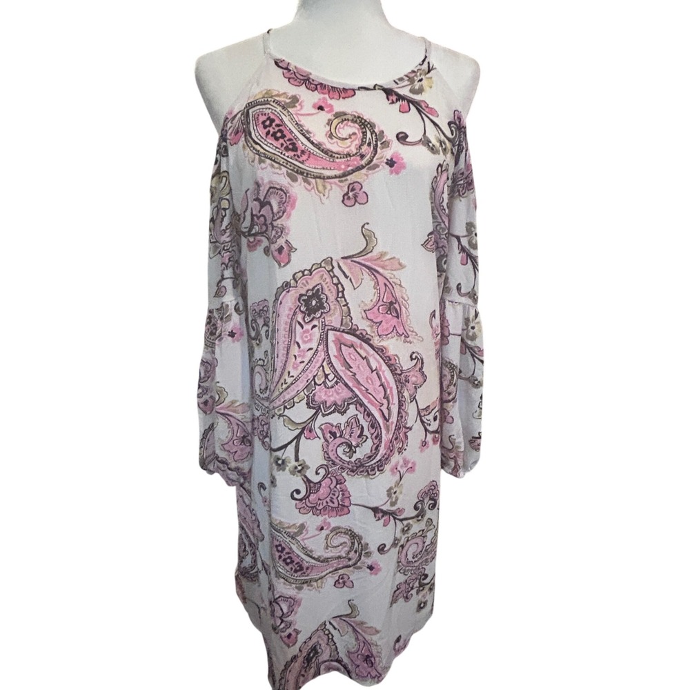 INC Paisley Cold Shoulder Dress Womens 12 Pink White Excellent Bell Sleeve